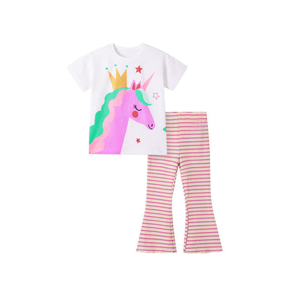 Summer Baby Kids Cartoon Unicorn Pattern T-shirt and Striped Pants Clothing Set for Girls-3
